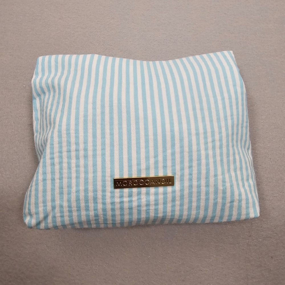 Moroccanoil Makeup Bag Cosmetic Travel Pouch Blue White Stripe Gold NEW